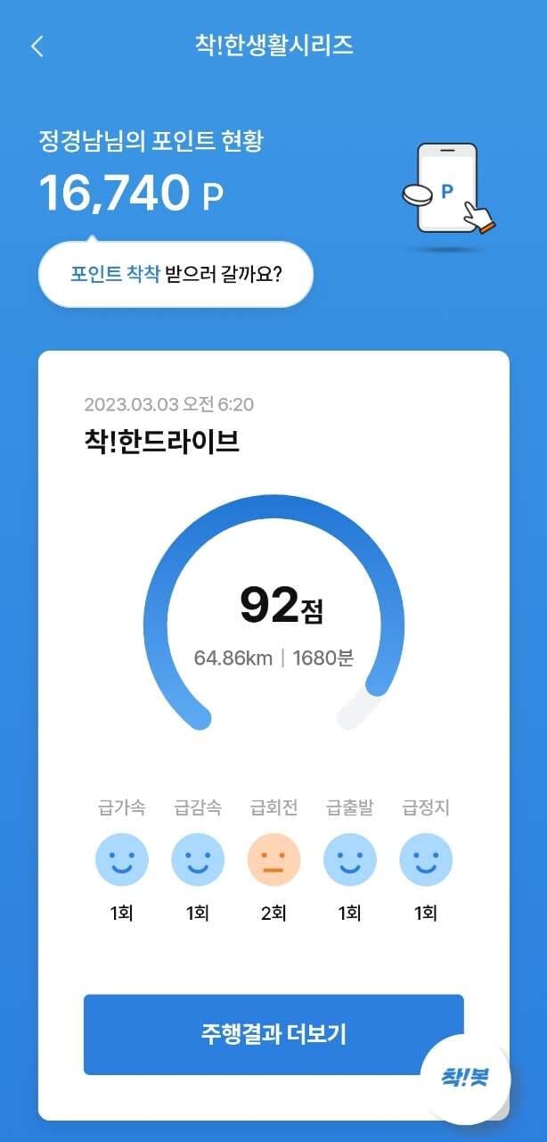 [착!한드라이브]운전점수 92점! 안전운전 합시다. 게시글 썸네일