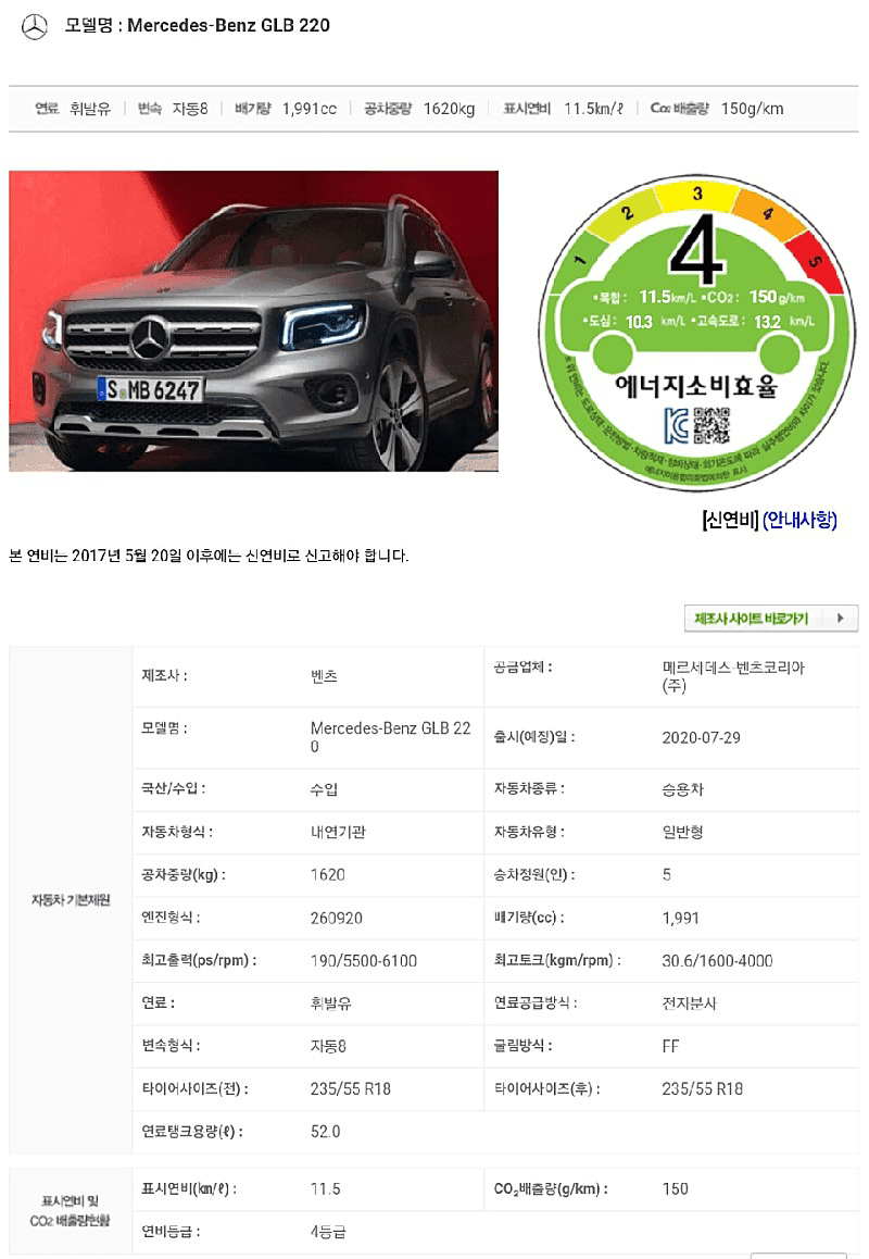 벤츠 GLB220 연비 인증 통과  게시글 썸네일