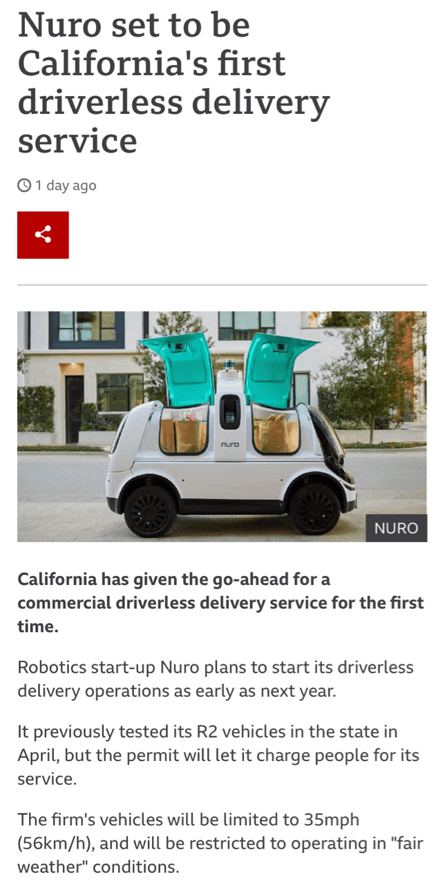 캘리포니아 무인자동차 배달서비스 시작  게시글 썸네일