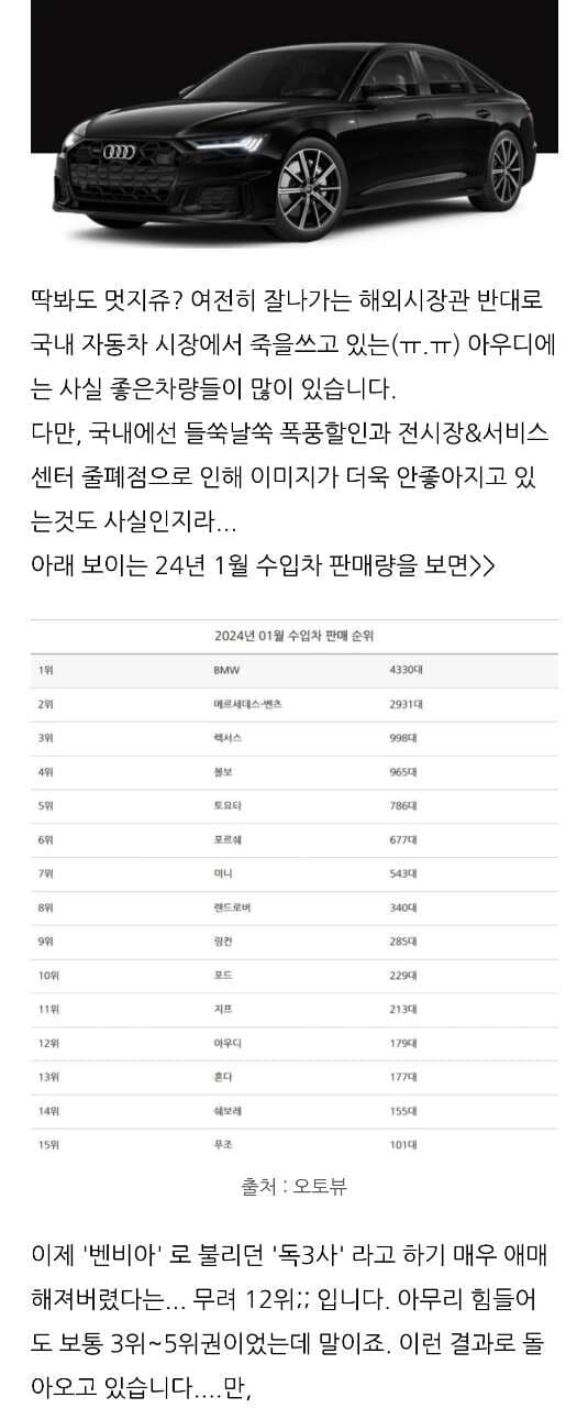 국내엔 없는 6기통 아우디 A6 55 TFSI 를 만들어보자~ 게시글 썸네일