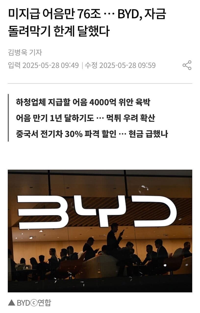 BYD 파산 위기인가 보네요  게시글 썸네일
