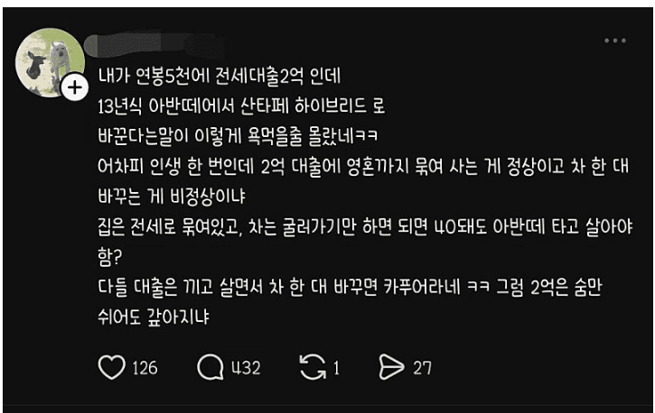 연봉 5천에 싼타페 카푸어 논란 게시글 썸네일