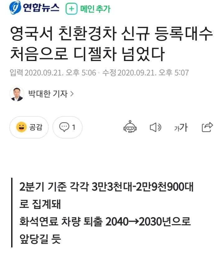영국은 친환경 차등록 대수가 디젤 넘었네요 게시글 썸네일